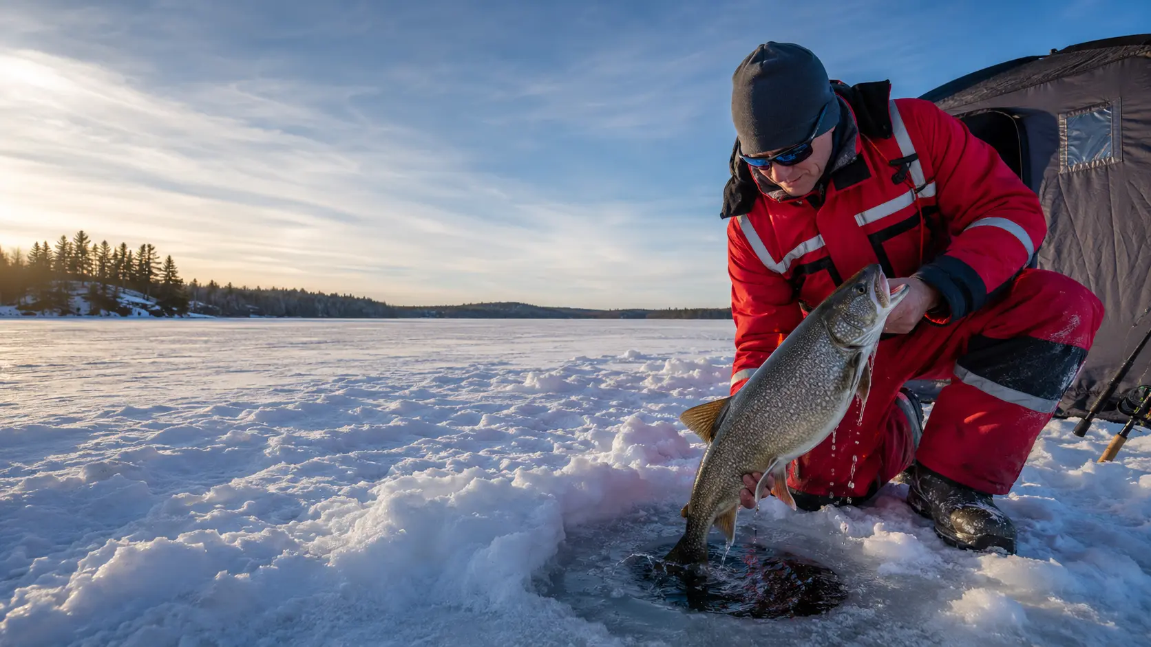 Ice angler in a red flotation suit lifting a lake trout from an Ontario ice hole