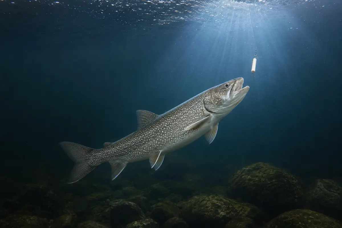 Lake trout rising through deep clear water toward a white jig