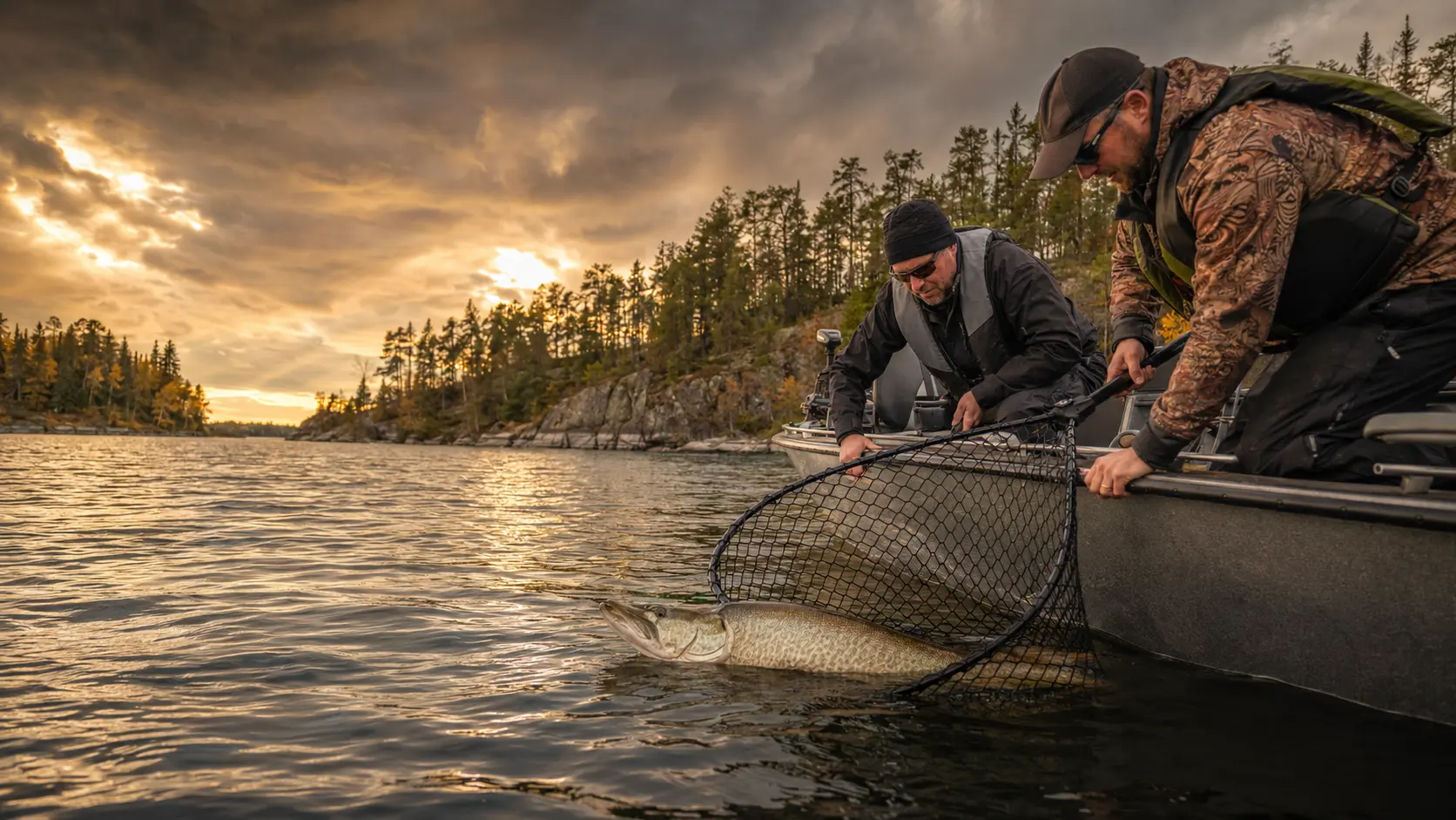 Two anglers netting a large musky beside a boat on an Ontario lake