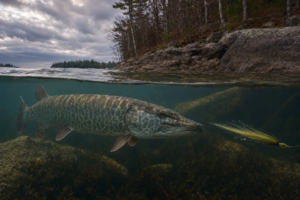 Large muskellunge following a bucktail lure below the surface near an Ontario rocky shore