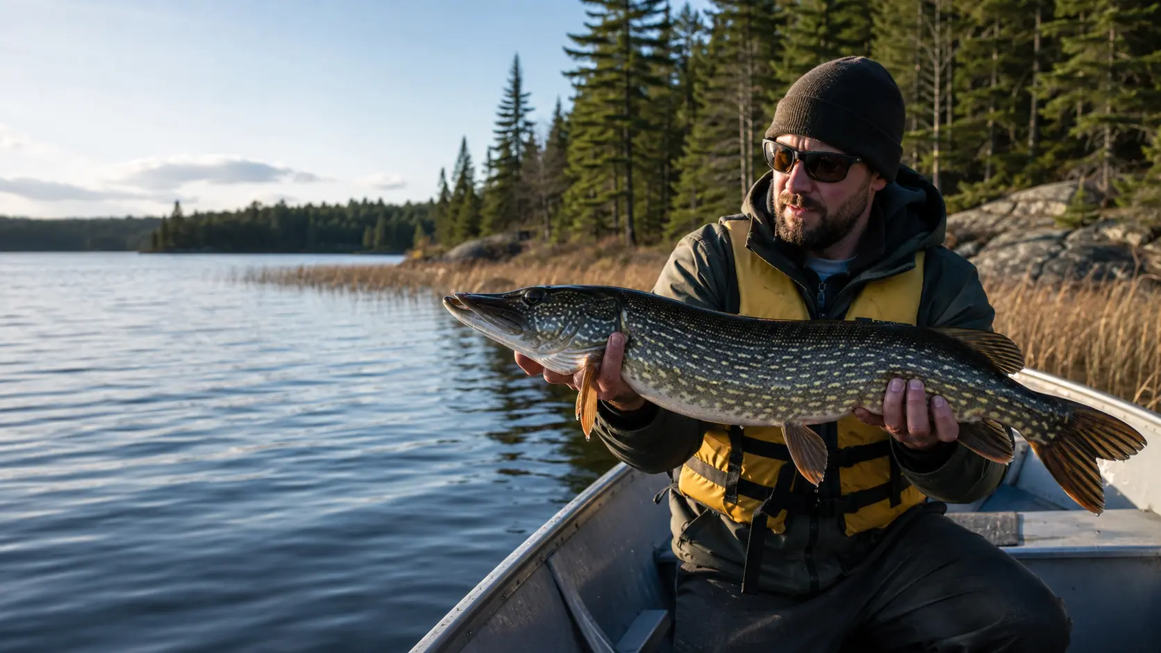 Angler safely holding a large northern pike on an Ontario lake