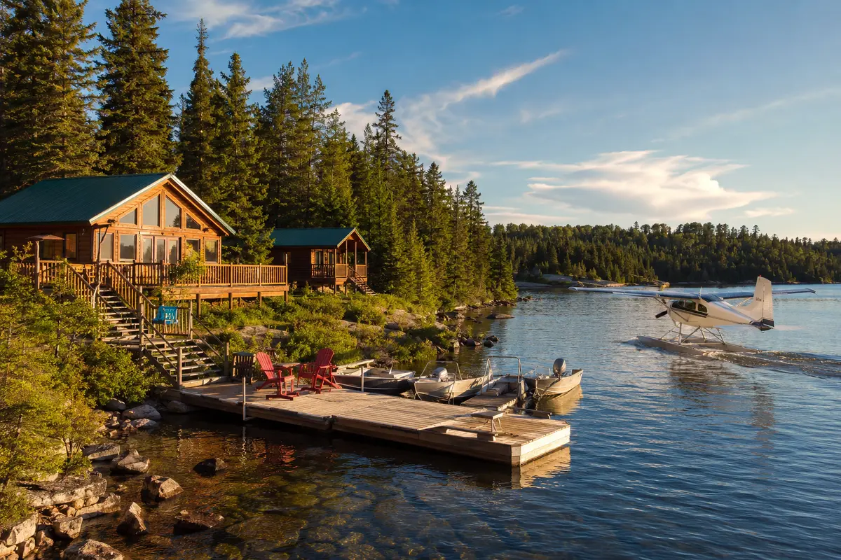 Remote Ontario fishing lodge with cabins, boats, dock and floatplane