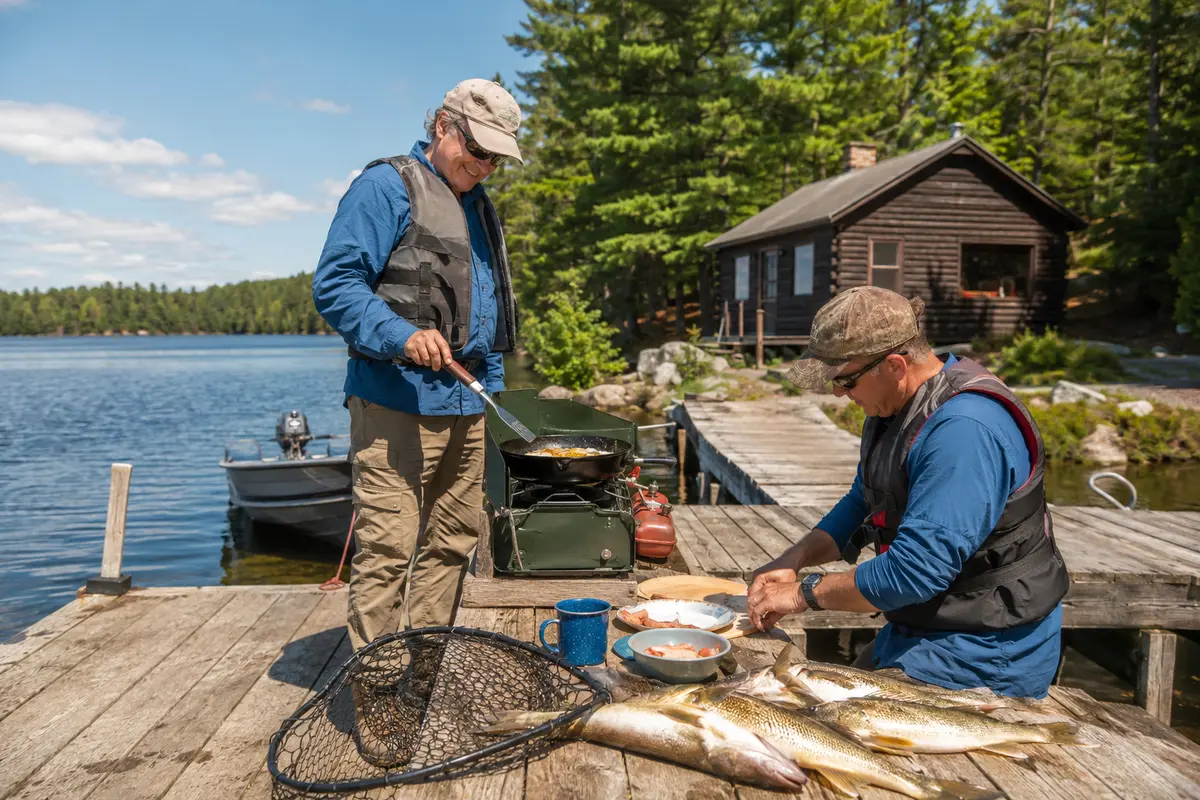 Two anglers preparing a shore lunch beside a northern Ontario fishing lodge dock