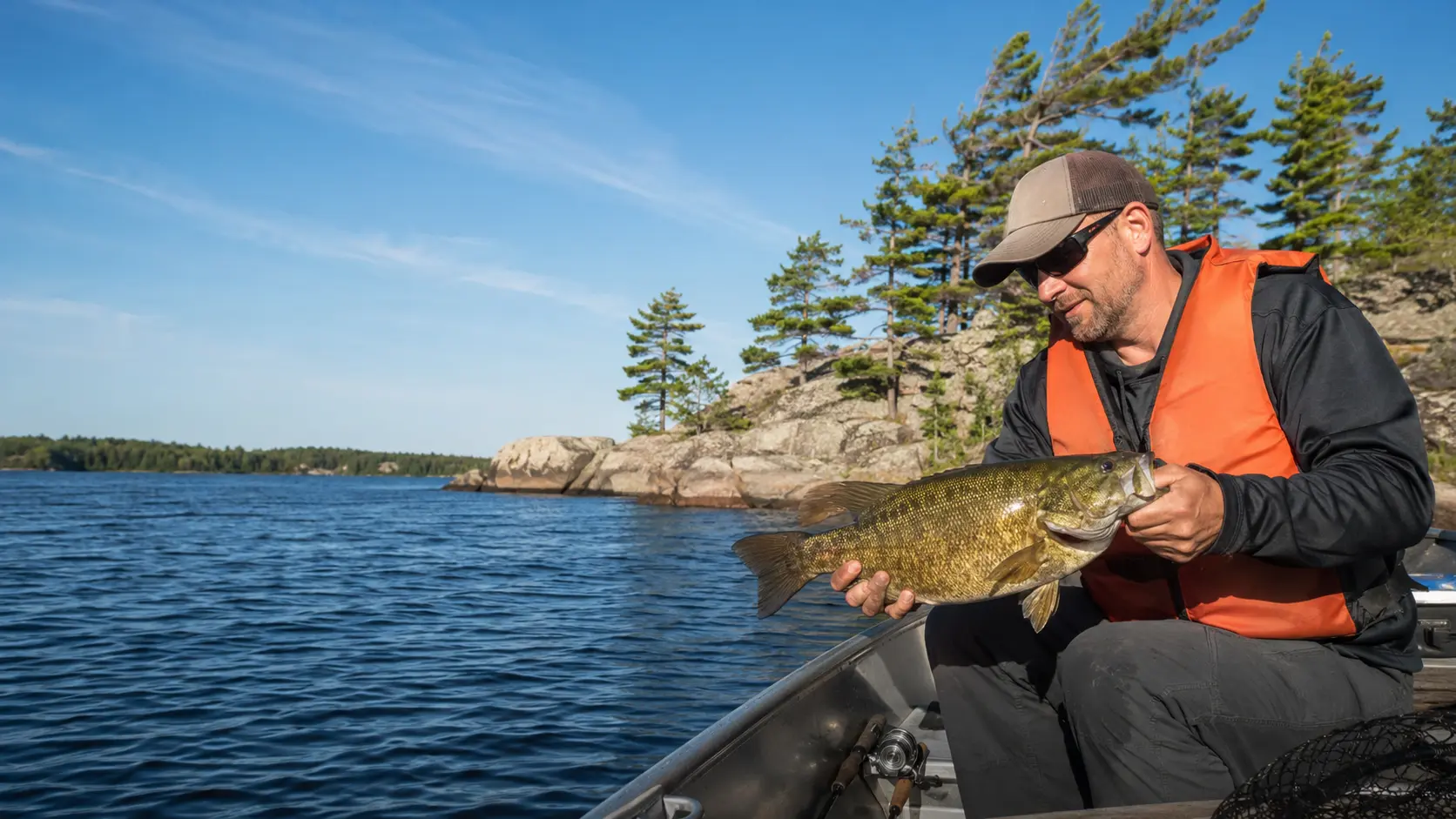 Angler in an orange life jacket holding a smallmouth bass on a rocky Ontario lake