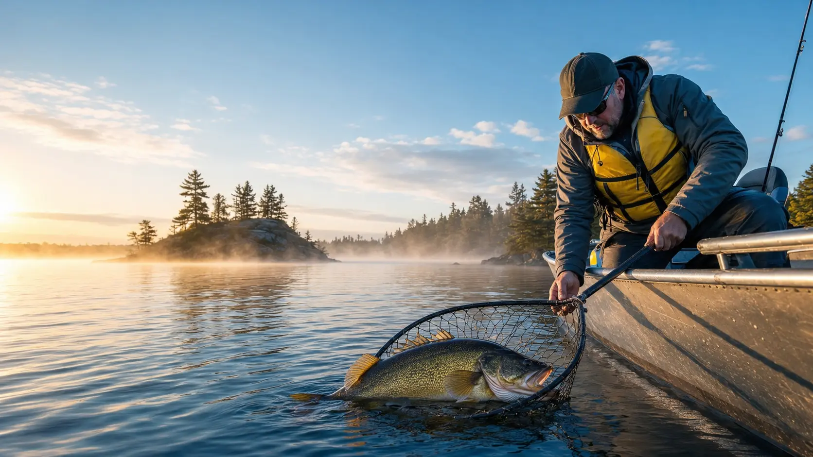 Angler netting a large golden walleye beside an aluminum boat at dawn