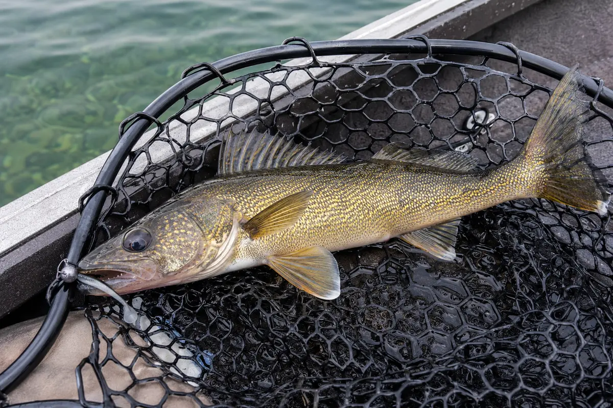 Ontario walleye resting in a rubber landing net beside clear lake water